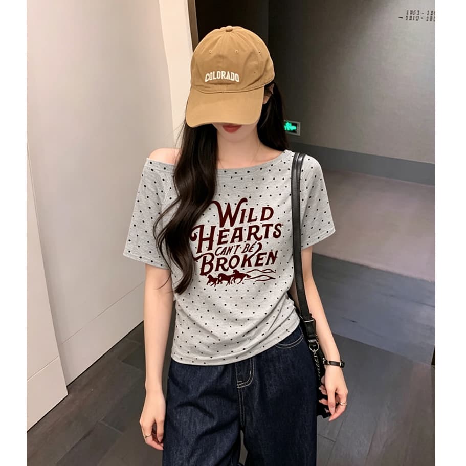 여름 새로운 한 부서 도트 무늬 비스듬한 칼라 오프숄더 프린트 섹션 반팔 티셔츠