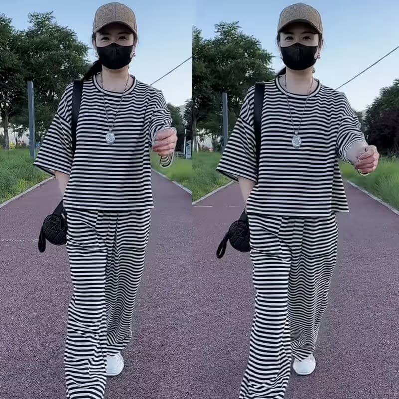 컬러 짜임 기사 구슬 그라운드 190 그램 인터넷 유명인 세트 운동 스트라이프 캐주얼 여름 루즈핏 새로운 패션 투피스 세트