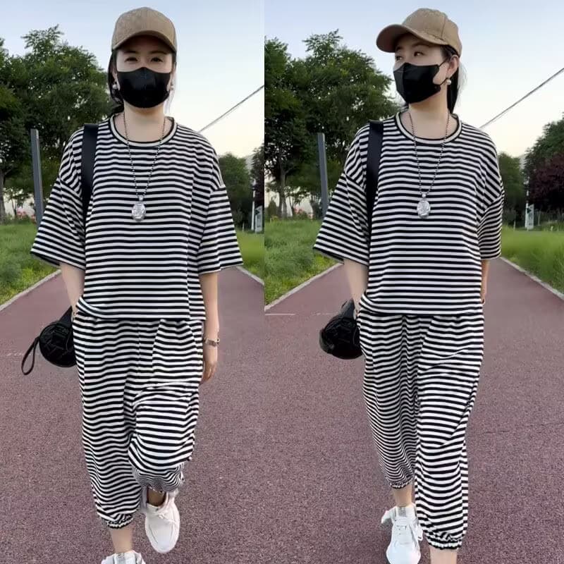 컬러 짜임 기사 구슬 그라운드 190 그램 인터넷 유명인 세트 운동 스트라이프 캐주얼 여름 루즈핏 새로운 패션 투피스 세트 이미지 4