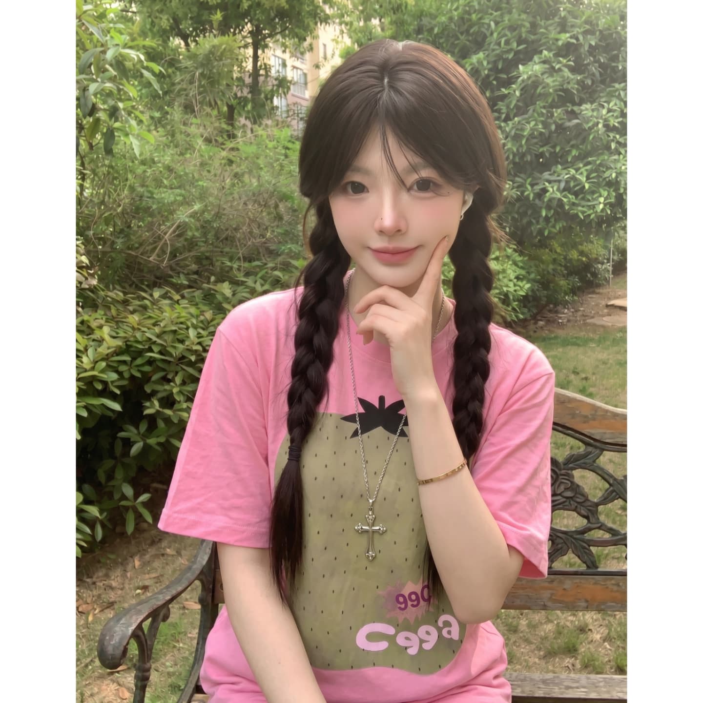 순면 키위 핑크색 반팔 티셔츠 이미지 3