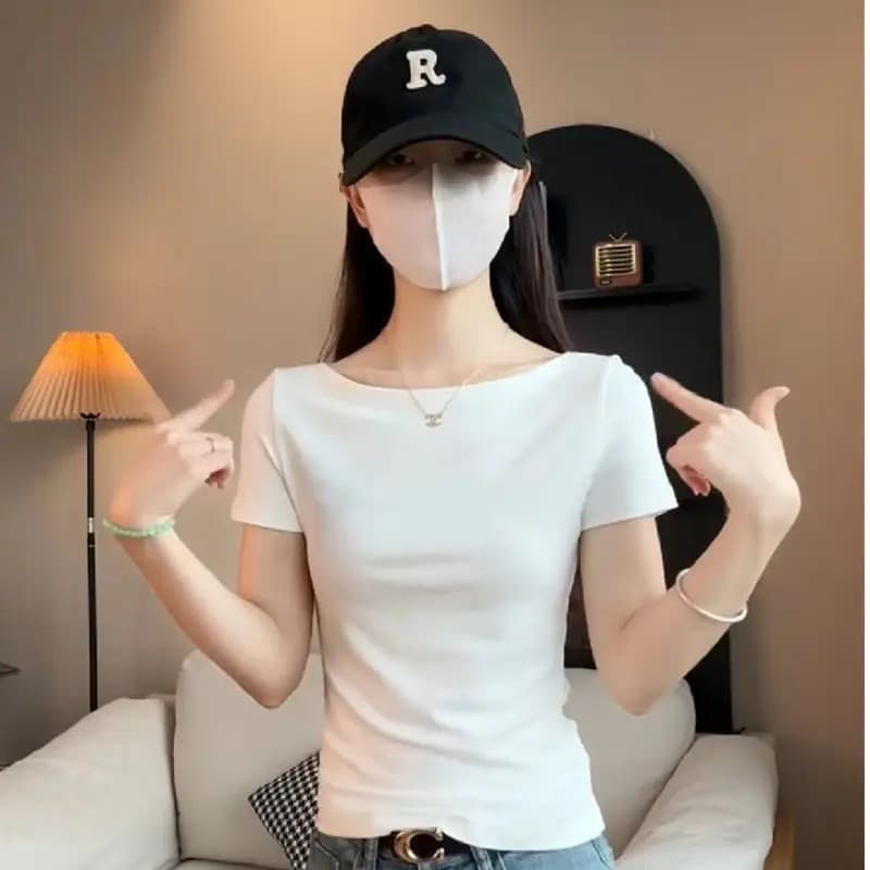 260 그램 사람들 면 순수한 욕망 핫걸 바람 오프숄더 반팔 티셔츠 여성 여름 몸매 가꾸기 다용도 기본 셔츠 이미지 3