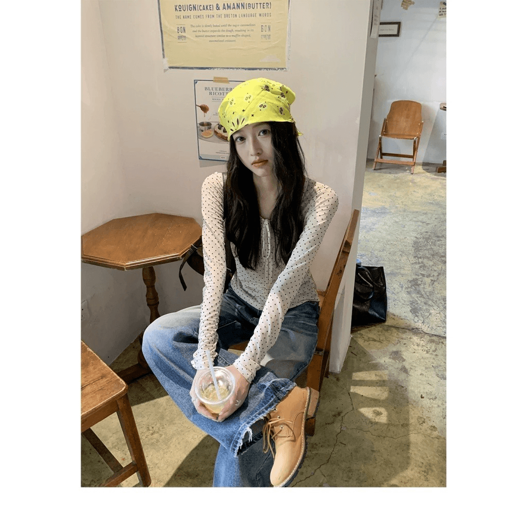 화이트 도트 무늬 레이스업 긴팔 티셔츠 여성 2026 여름 얇고 가벼운 망사 인사이드 가져 가라. 기본 셔츠 몸매 가꾸기 슬림해 보이는 맨위 이미지 5
