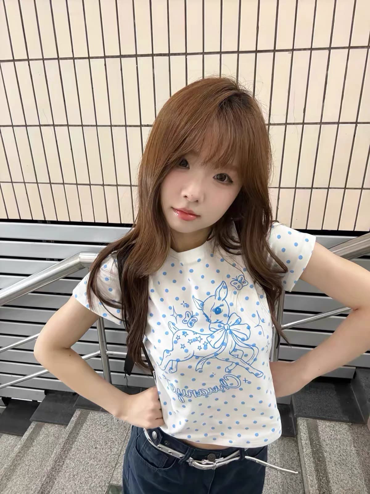아메리칸 레트로 라운드 넥 도트 무늬 긍정적 인 어깨 프린트 반팔 티셔츠 상세 이미지 1