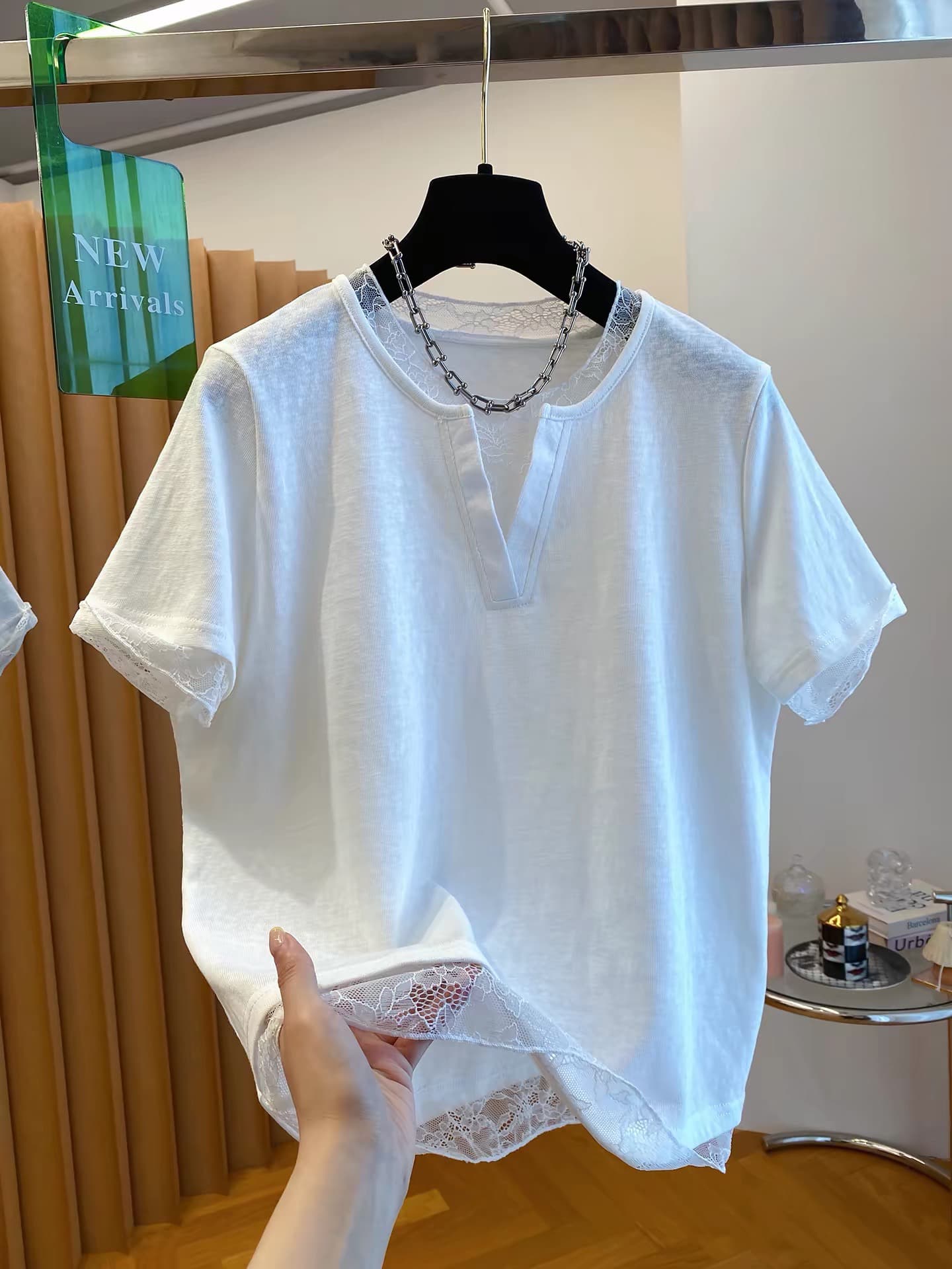 눈꽃 면 특별 빅 사이즈 300 근 레이스 조각 페이크 레이어드 티셔츠 여성용 짧은 소매 가위 칼라 맨위 상세 이미지 1