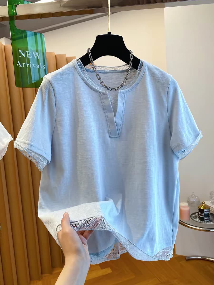 눈꽃 면 특별 빅 사이즈 300 근 레이스 조각 페이크 레이어드 티셔츠 여성용 짧은 소매 가위 칼라 맨위 상세 이미지 4