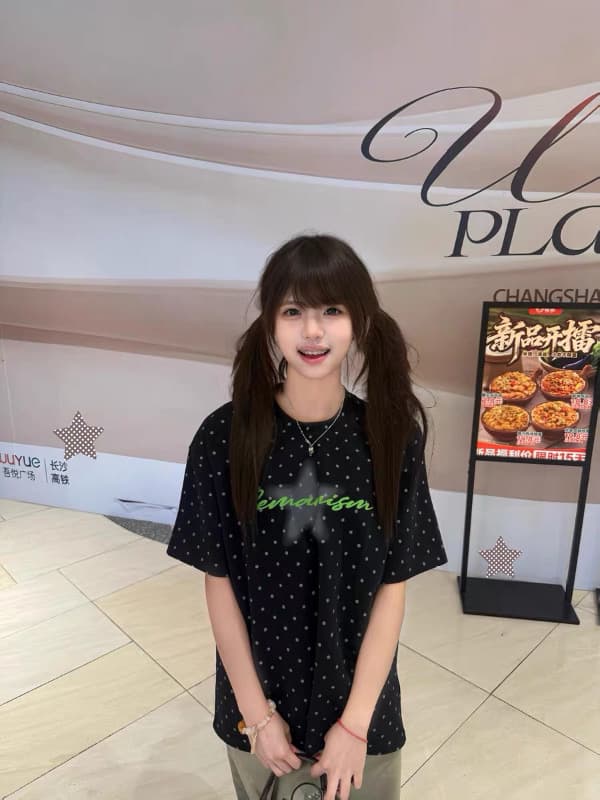 순면 라운드 넥 도트 무늬 루즈핏 프린트 반팔 티셔츠 상세 이미지 4