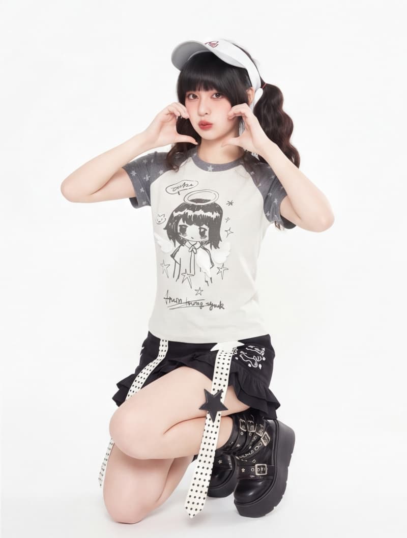 220 그램 92 면 8 암모니아 Lun 프린트 원본 날개 패치워크 반팔 티셔츠 상세 이미지 2