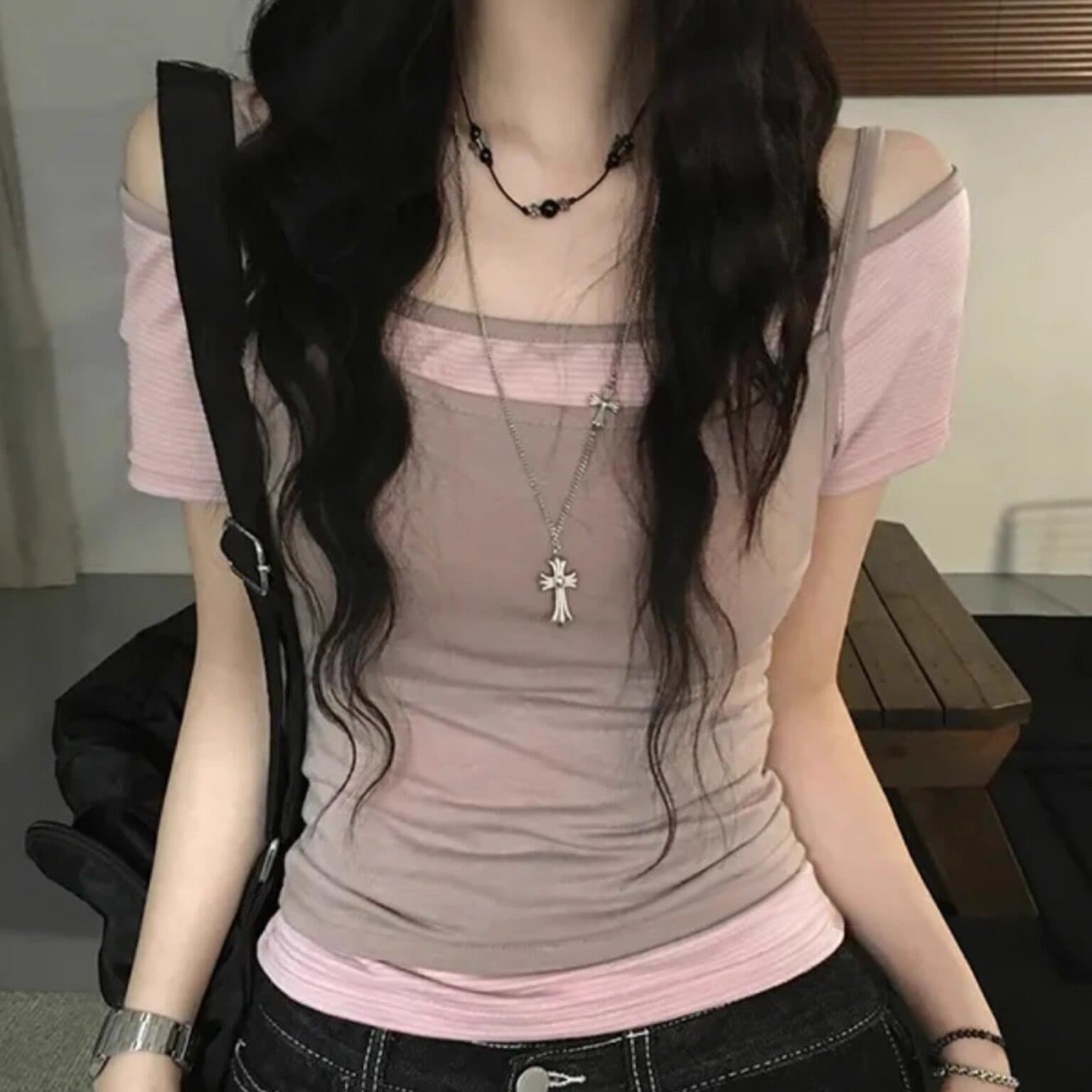 한 부서 여름 스택 착용 오프숄더 슬림해 보이는 다용도 스트라이프 반팔 캐미솔 페이크 레이어드 이미지 4