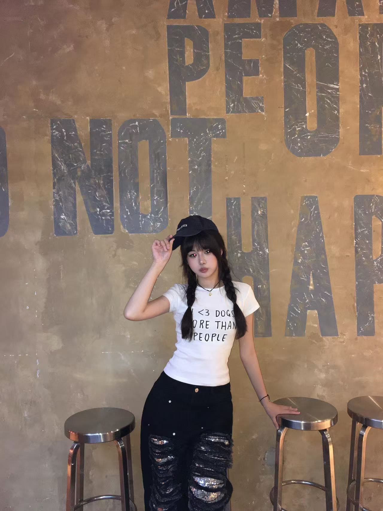 아메리칸 레트로 라운드 넥 긍정적 인 어깨 프린트 반팔 티셔츠 이미지 2