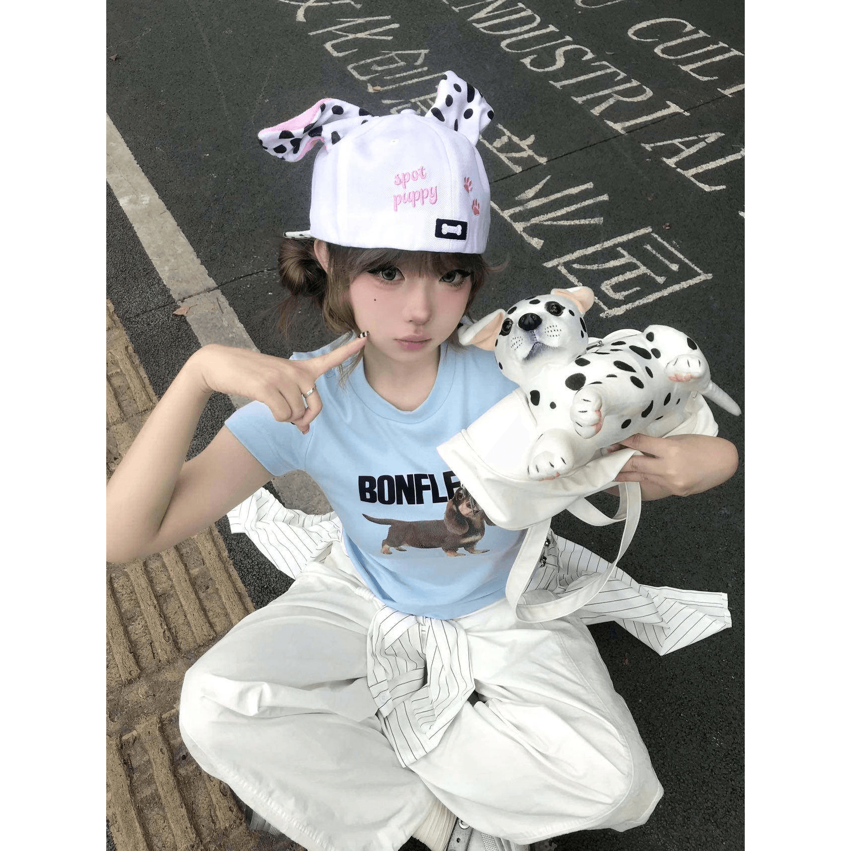 아메리칸 레트로 긍정적 인 어깨 라운드 넥 프린트 반팔 티셔츠 이미지 5