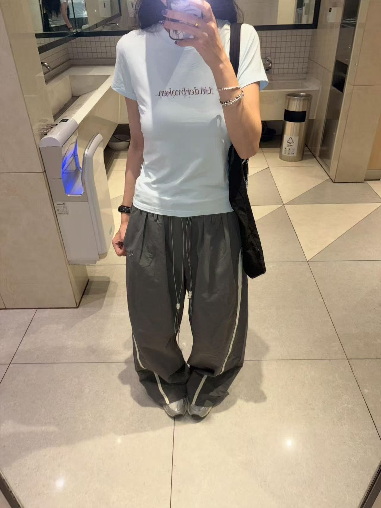 아메리칸 레트로 긍정적 인 어깨 라운드 넥 프린트 반팔 티셔츠