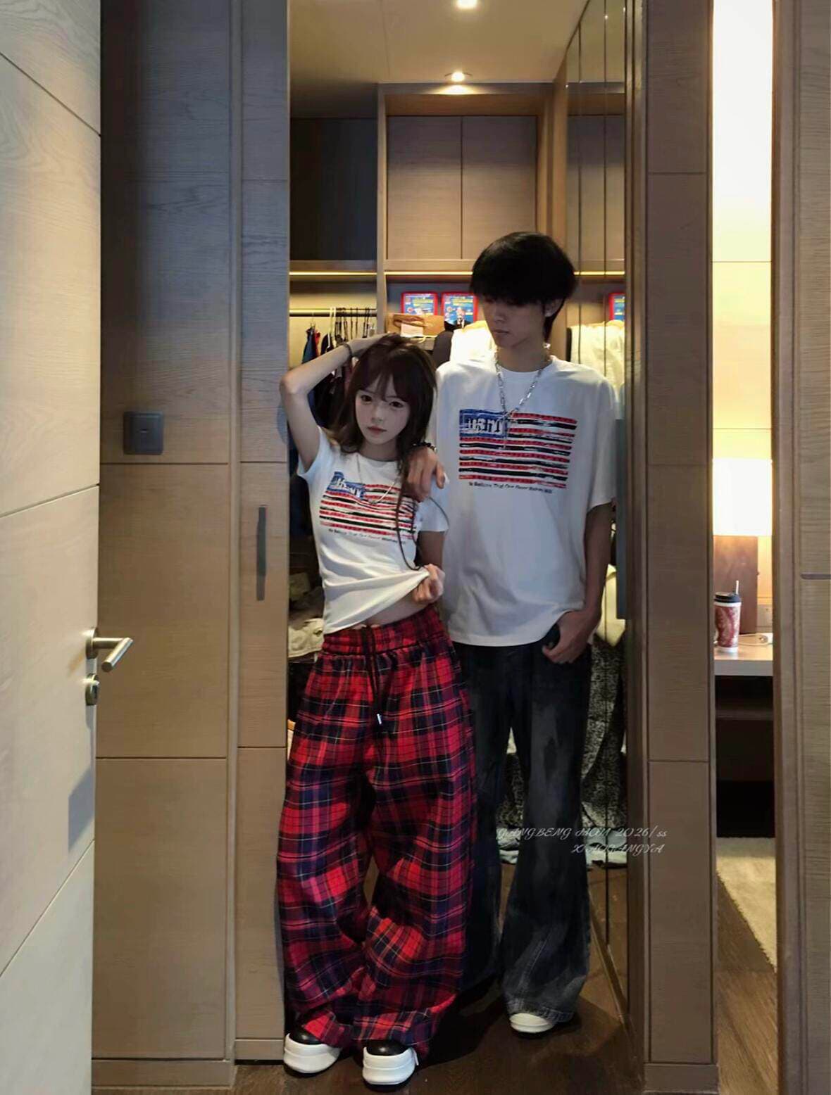 아메리칸 레트로 긍정적 인 어깨 라운드 넥 프린트 쇼트 스타일 반팔 티셔츠 상세 이미지 2