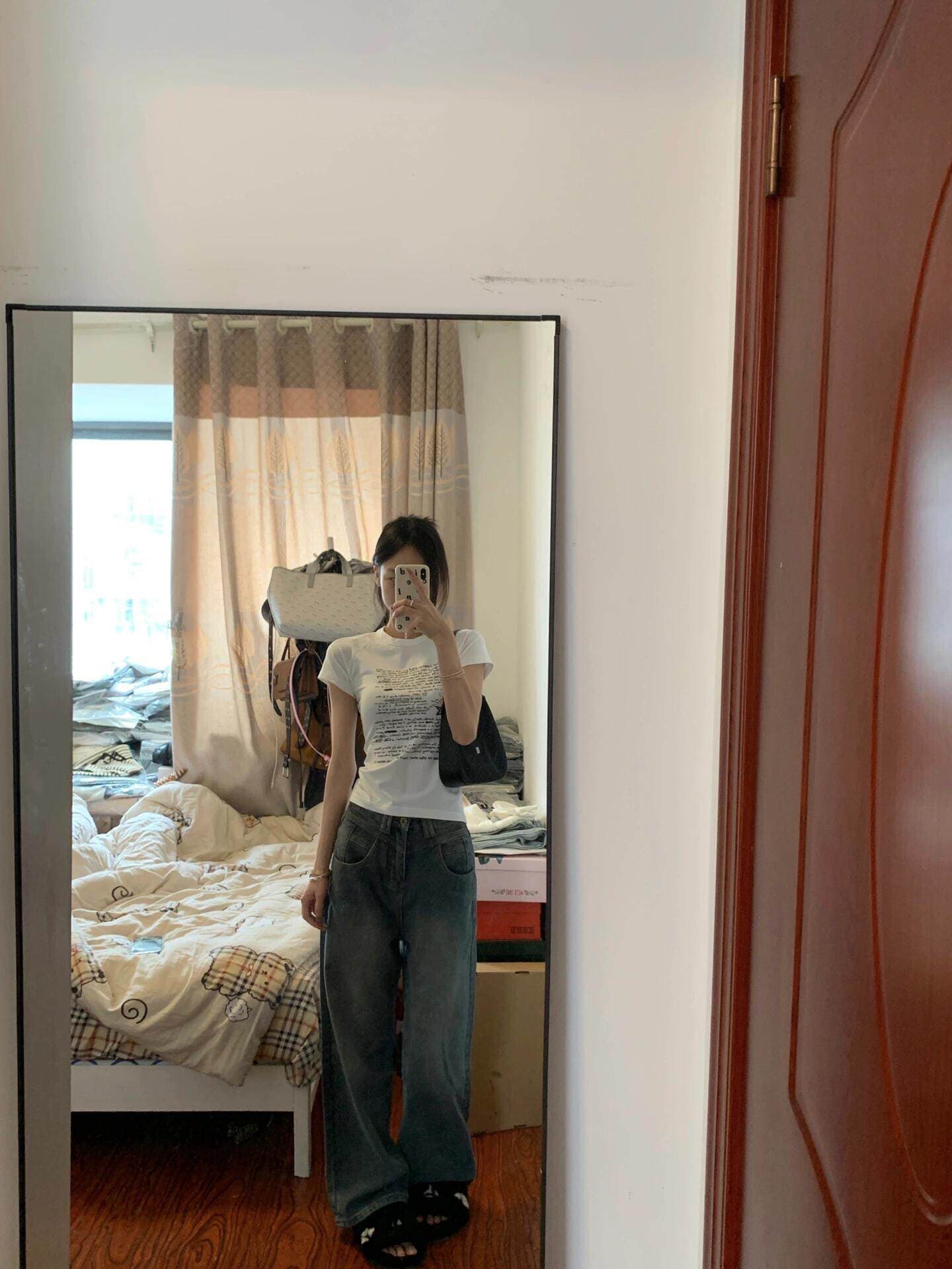 아메리칸 레트로 라운드 넥 긍정적 인 어깨 프린트 반팔 티셔츠 상세 이미지 2