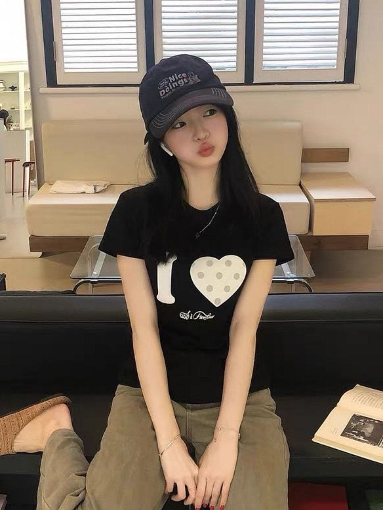 아메리칸 레트로 라운드 넥 긍정적 인 어깨 프린트 반팔 티셔츠