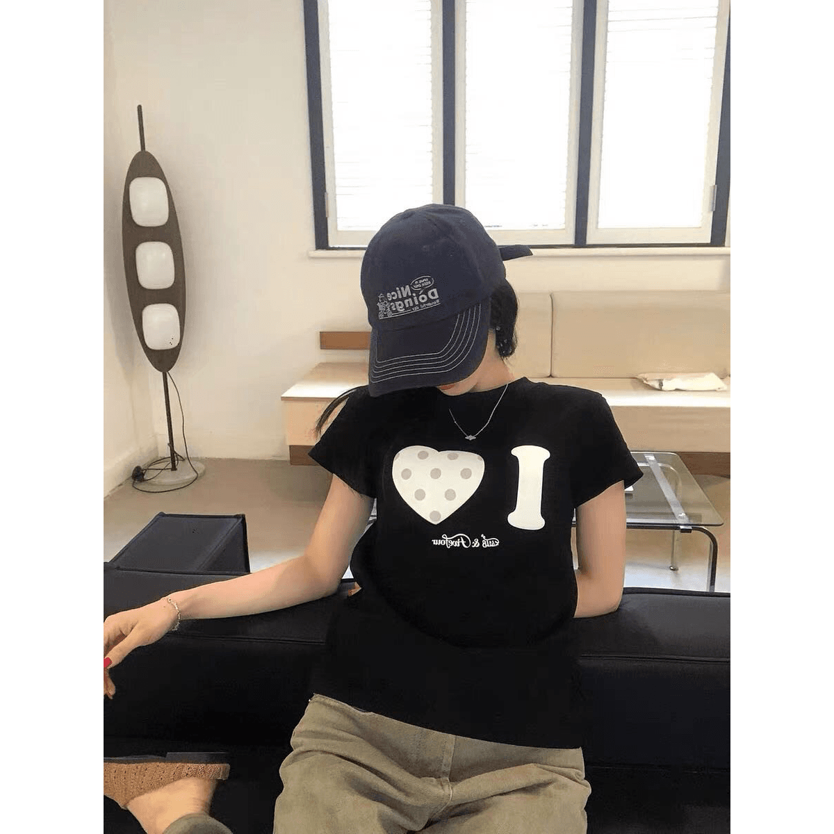 아메리칸 레트로 라운드 넥 긍정적 인 어깨 프린트 반팔 티셔츠 이미지 5
