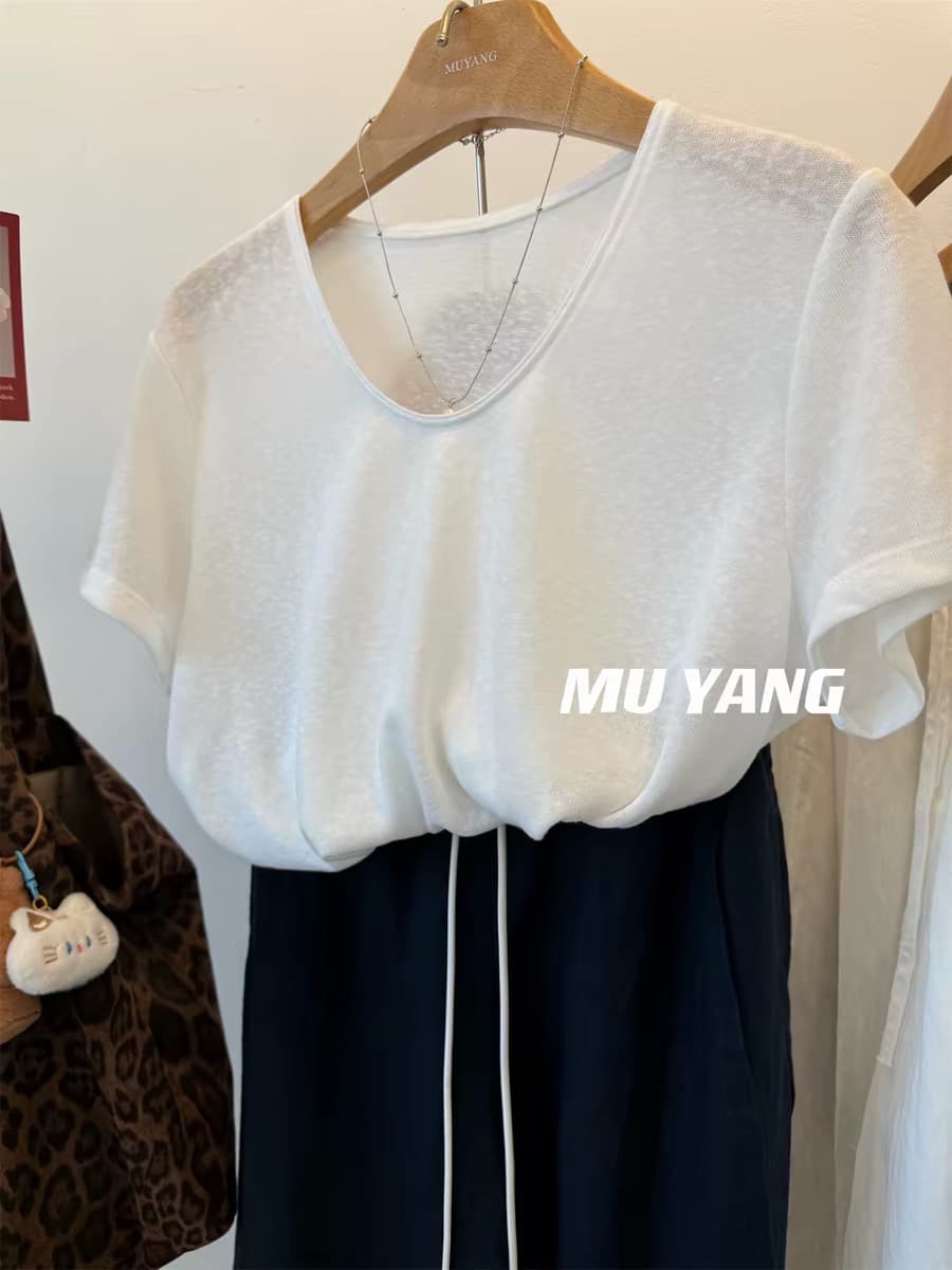 눈꽃 면 특별 빅 사이즈 300 근 통기성 단색 반팔 티셔츠 여성 얇은 스타일 다용도 기본 셔츠 상세 이미지 3