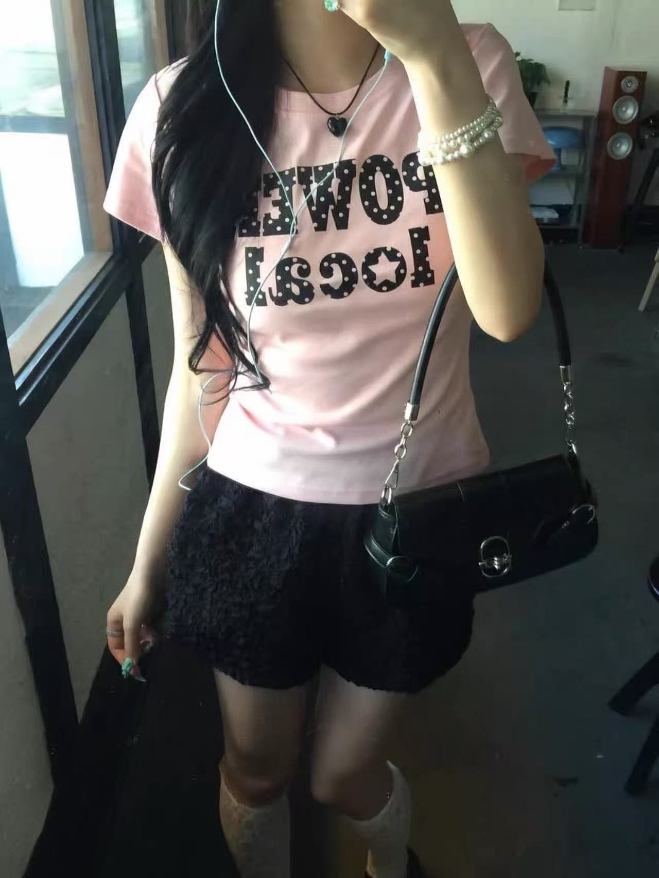 아메리칸 레트로 긍정적 인 어깨 라운드 넥 프린트 반팔 티셔츠 상세 이미지 1