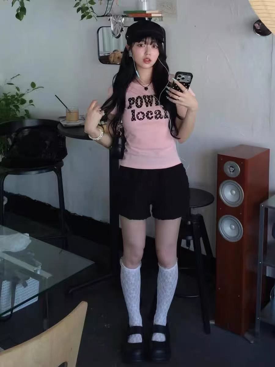 아메리칸 레트로 긍정적 인 어깨 라운드 넥 프린트 반팔 티셔츠 상세 이미지 3