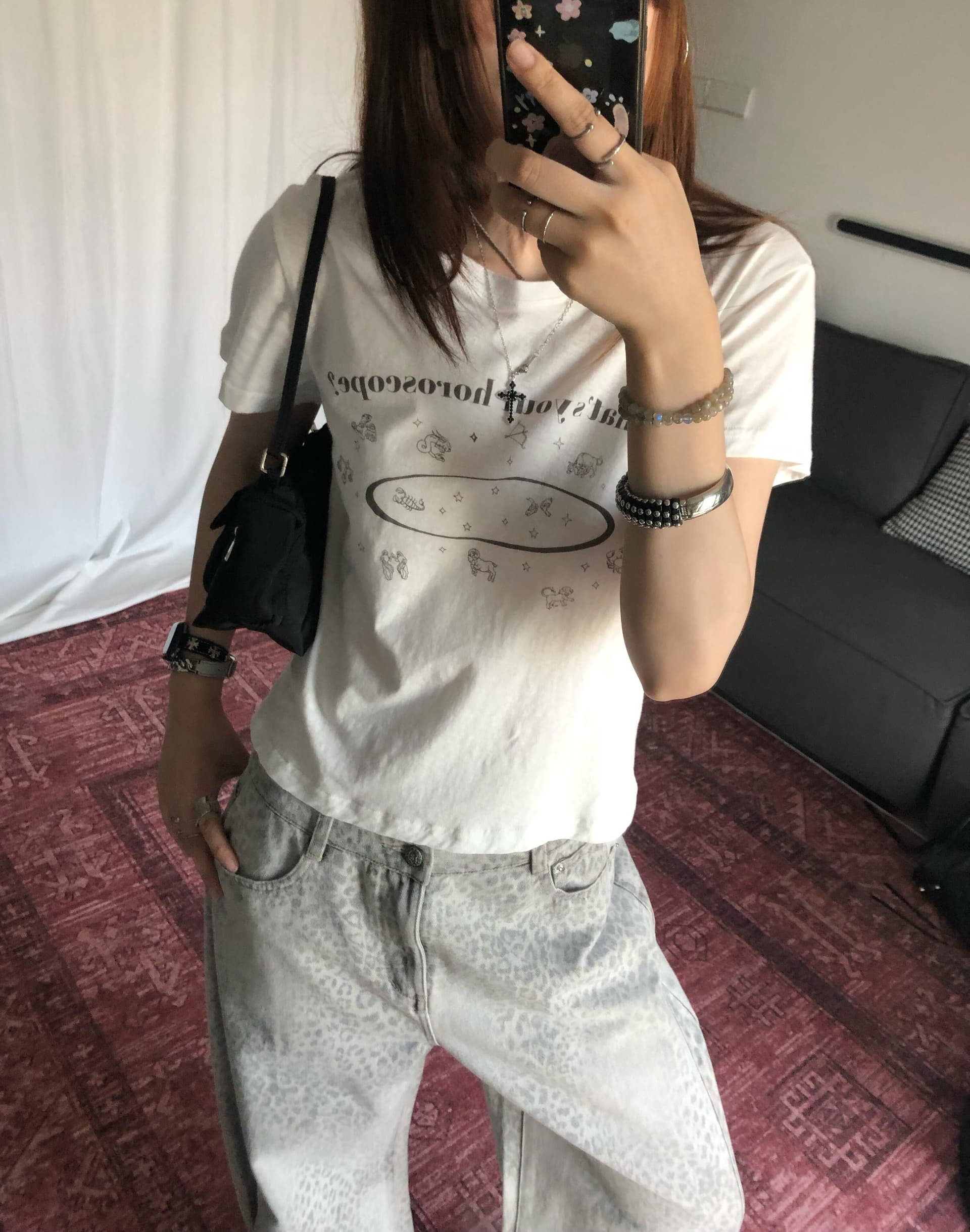 아메리칸 레트로 긍정적 인 어깨 라운드 넥 프린트 반팔 티셔츠