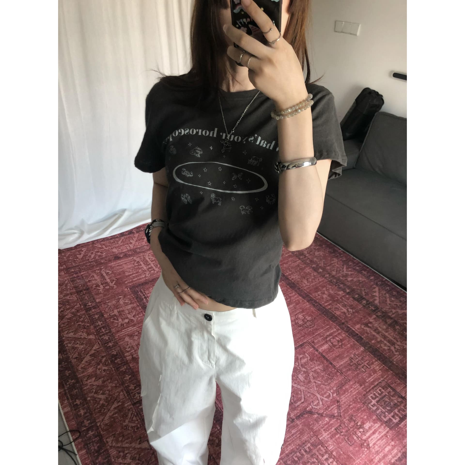 아메리칸 레트로 긍정적 인 어깨 라운드 넥 프린트 반팔 티셔츠 이미지 5