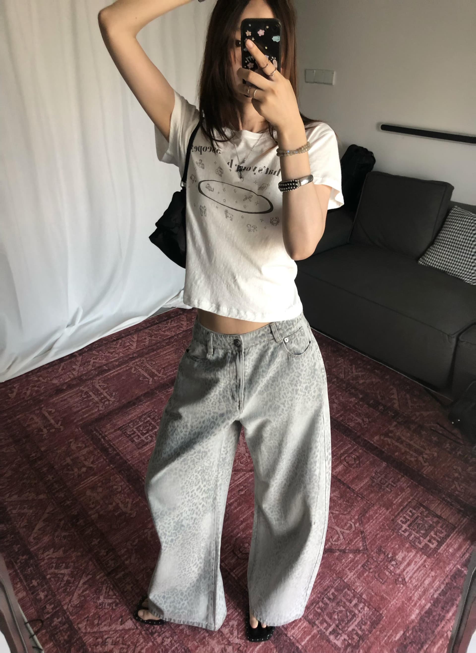 아메리칸 레트로 긍정적 인 어깨 라운드 넥 프린트 반팔 티셔츠 상세 이미지 2