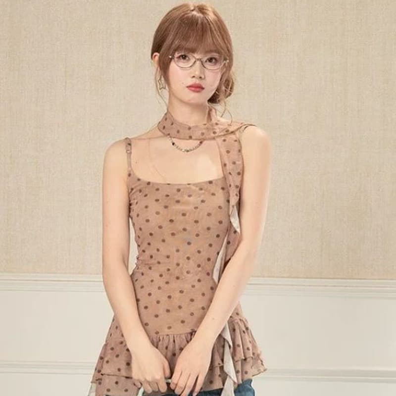 순수한 욕망 핫걸 도트 무늬 프릴 캐미솔 2026 여름 새로운 불규칙 품격 리본 맨위 상세 이미지 1