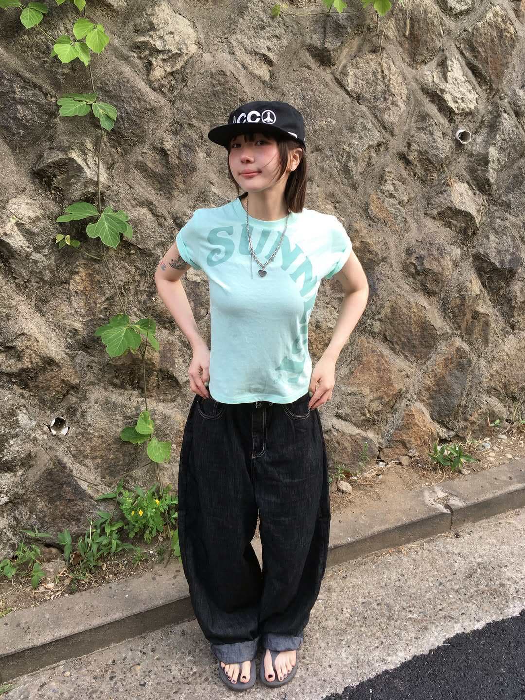 아메리칸 레트로 긍정적 인 어깨 라운드 넥 프린트 반팔 티셔츠