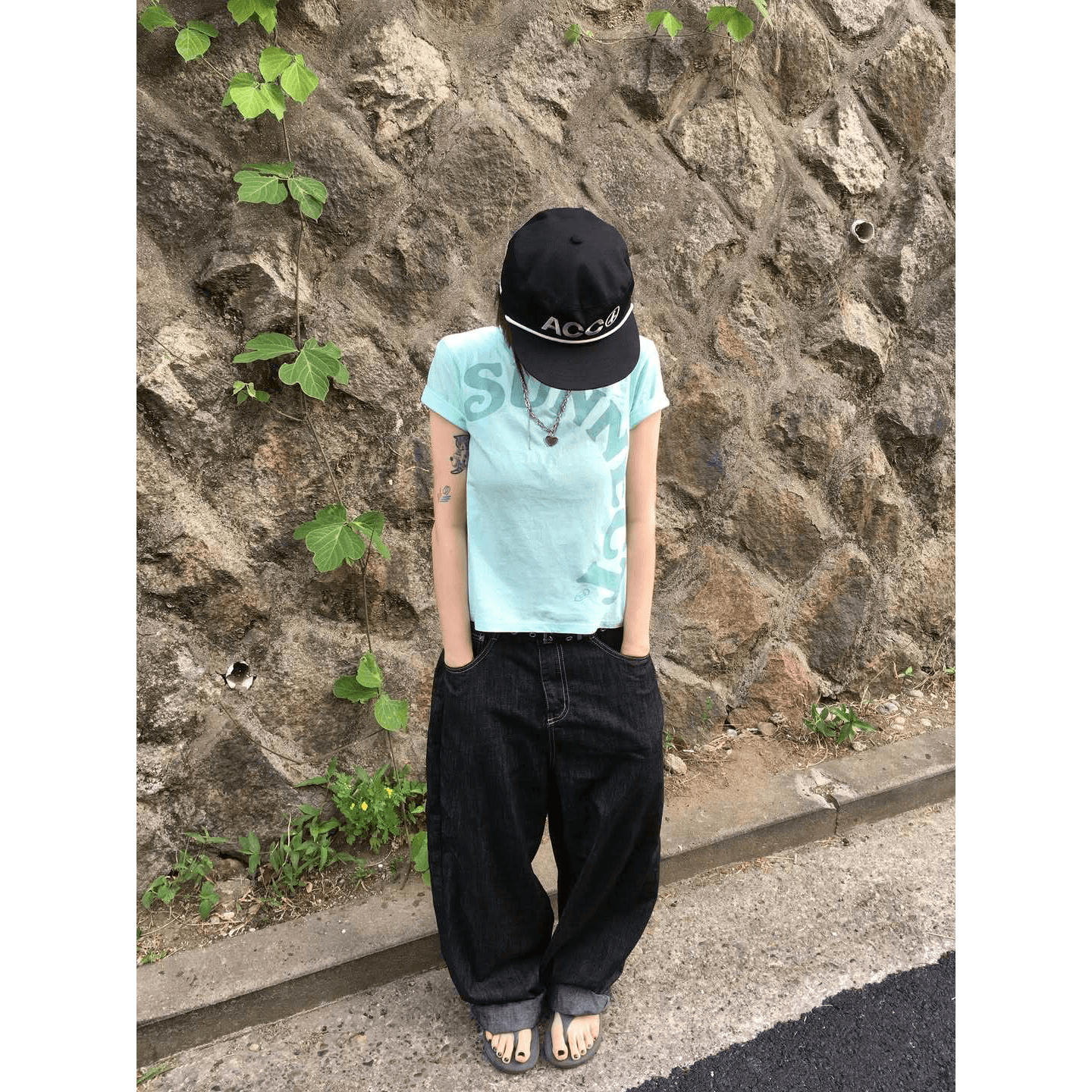 아메리칸 레트로 긍정적 인 어깨 라운드 넥 프린트 반팔 티셔츠 이미지 5