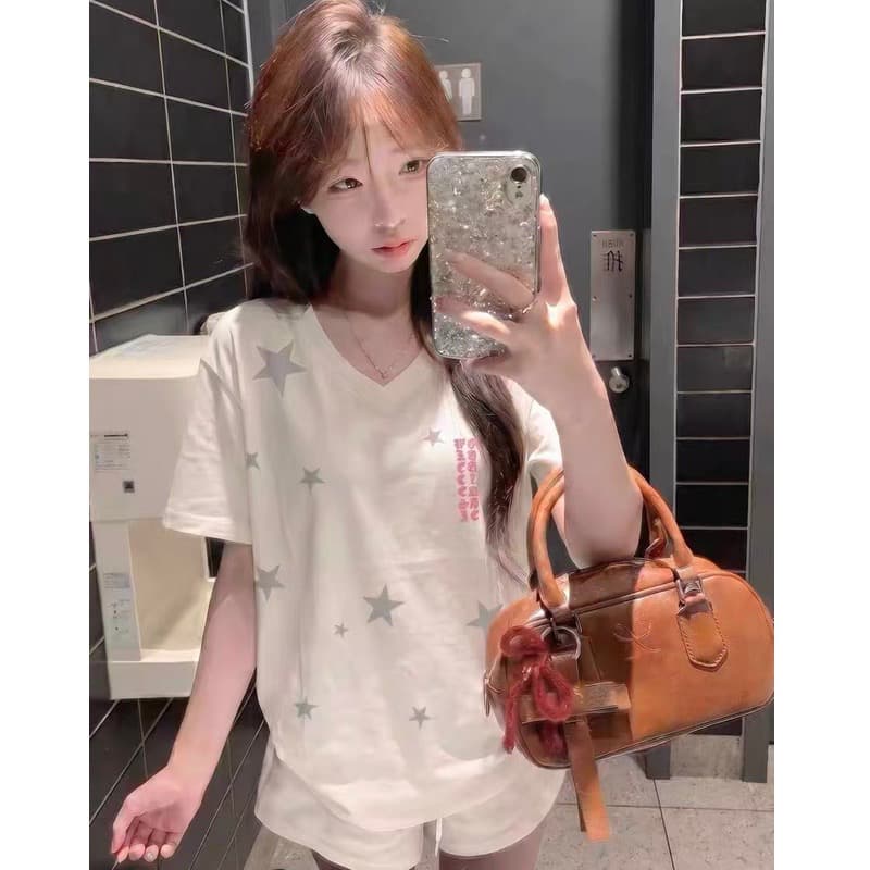 원본 것 순면 아메리칸 레트로 형제 특별 바람 알파벳 프린트 V넥 반팔 티셔츠 여성 여름 상세 이미지 5