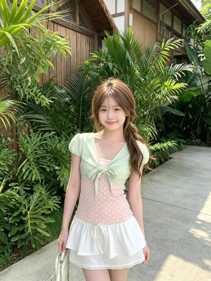210 그램 좋은 면 Chic 페이크 레이어드 도트 무늬 반팔 티셔츠 여성 여름 디자인 센스 나비 매듭 스트랩 몸매 가꾸기 맨위 이미지 4