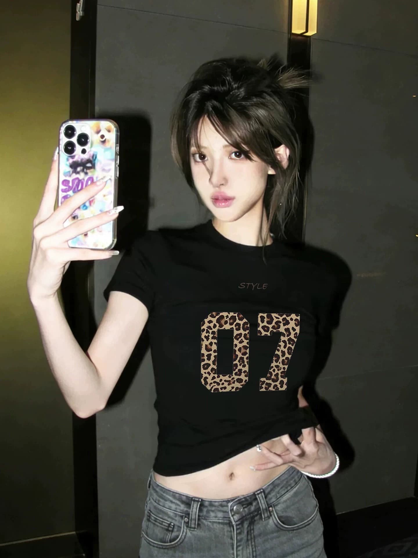아메리칸 레트로 순면 긍정적 인 어깨 라운드 넥 프린트 반팔 티셔츠 상세 이미지 1
