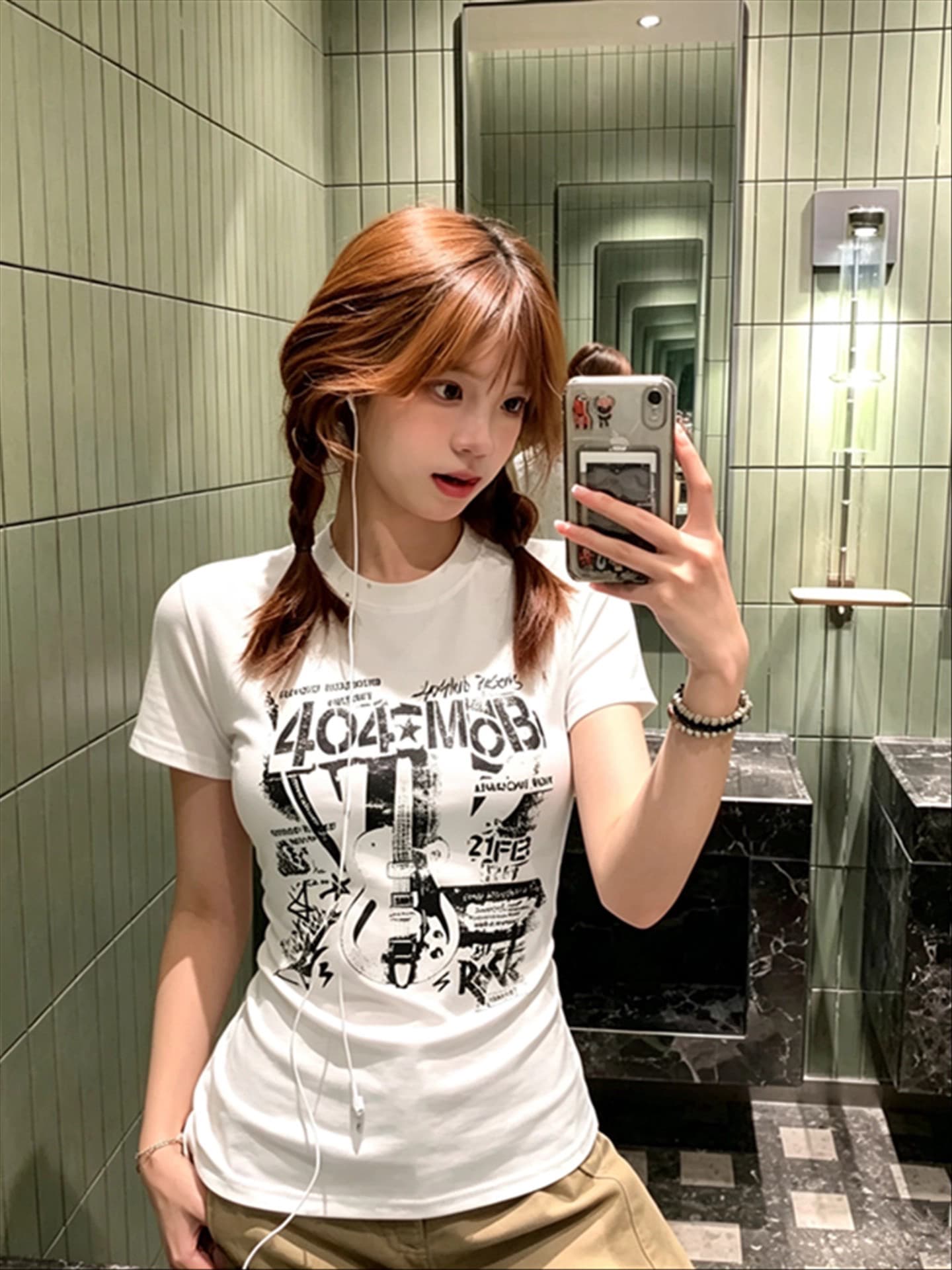 아메리칸 레트로 순면 긍정적 인 어깨 라운드 넥 프린트 반팔 티셔츠
