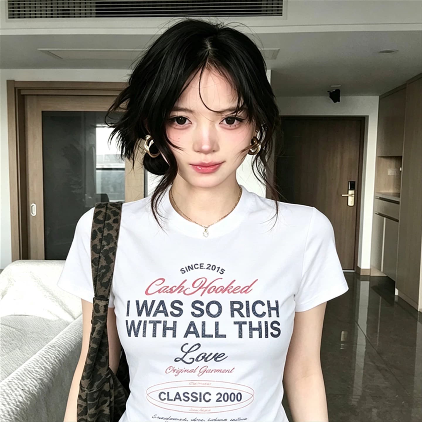 아메리칸 레트로 순면 긍정적 인 어깨 라운드 넥 프린트 반팔 티셔츠 이미지 2
