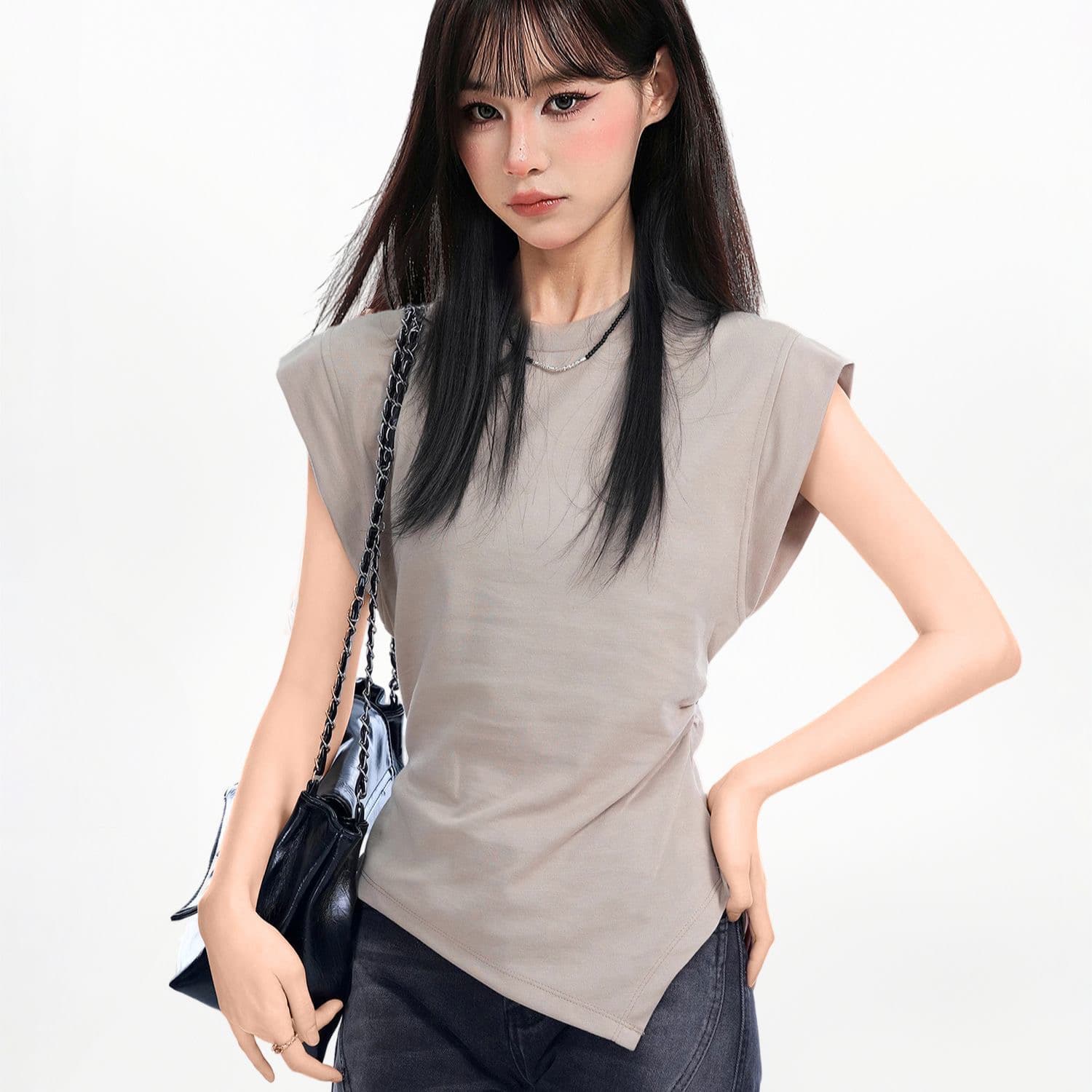 패션 불규칙 라운드 넥 긍정적 인 어깨 반팔 여성 티셔츠 여름 디자인 몸매 가꾸기 허리 수축 민소매 어깨 쇼트 스타일 맨위 이미지 2