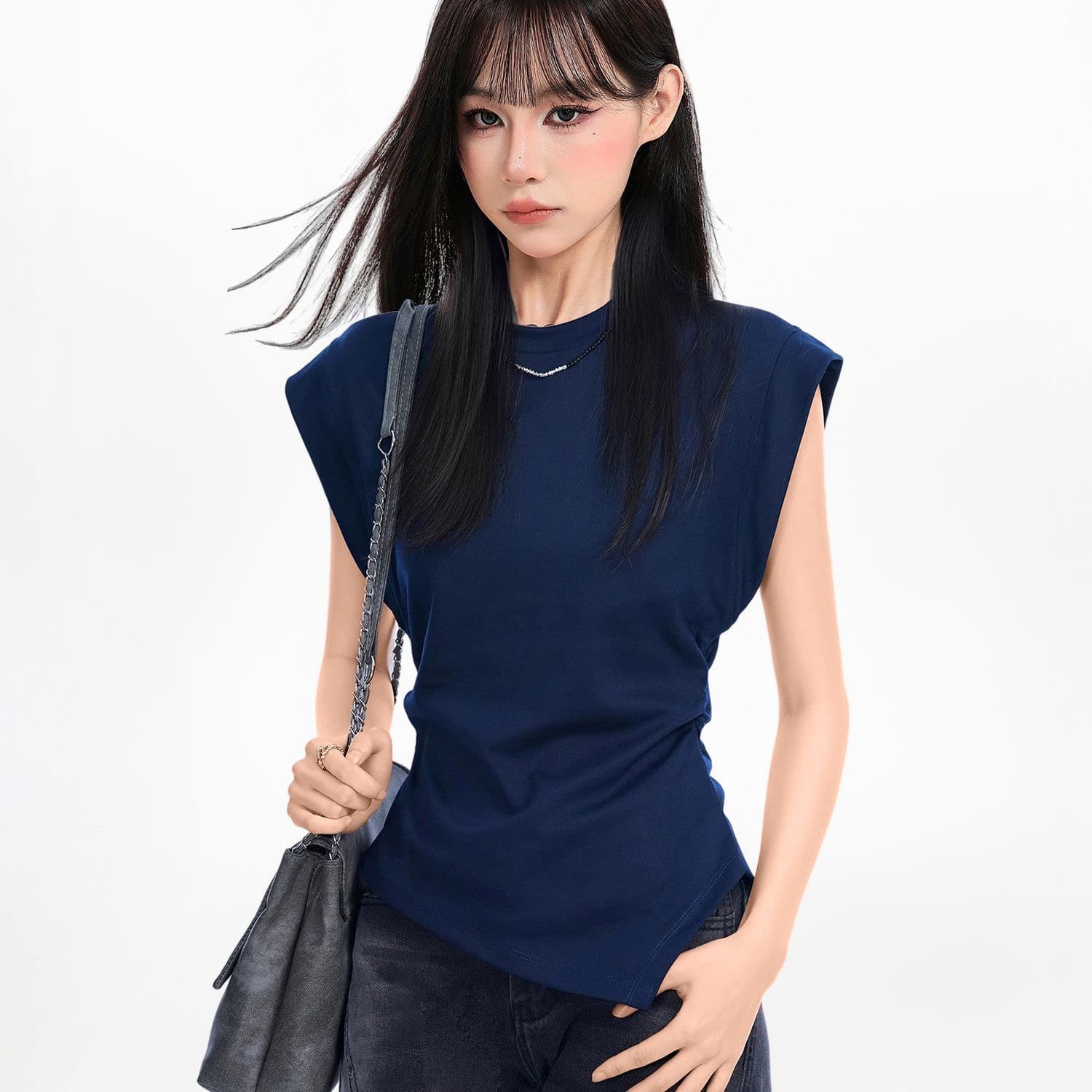 패션 불규칙 라운드 넥 긍정적 인 어깨 반팔 여성 티셔츠 여름 디자인 몸매 가꾸기 허리 수축 민소매 어깨 쇼트 스타일 맨위 상세 이미지 5
