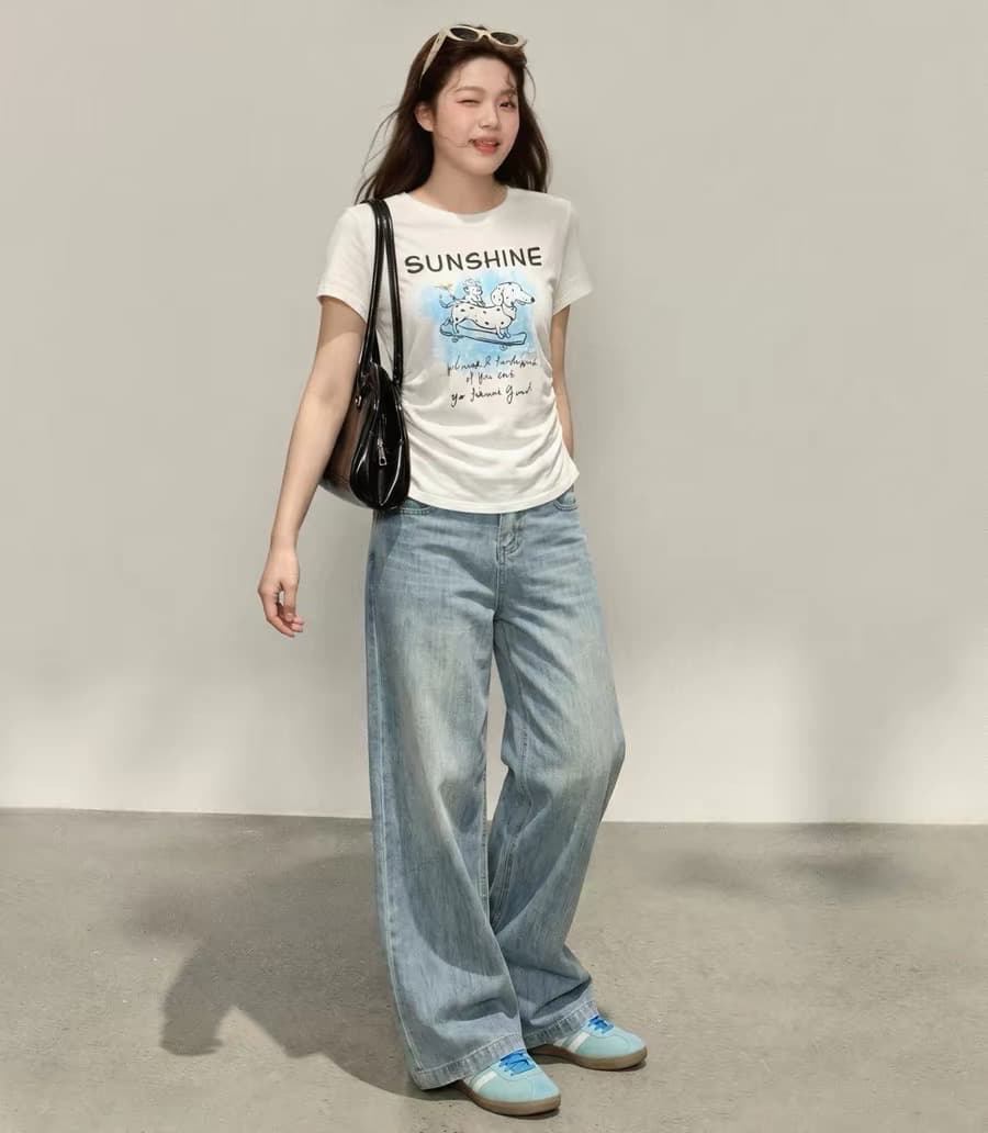 아메리칸 레트로 순면 긍정적 인 어깨 라운드 넥 프린트 반팔 티셔츠 상세 이미지 4
