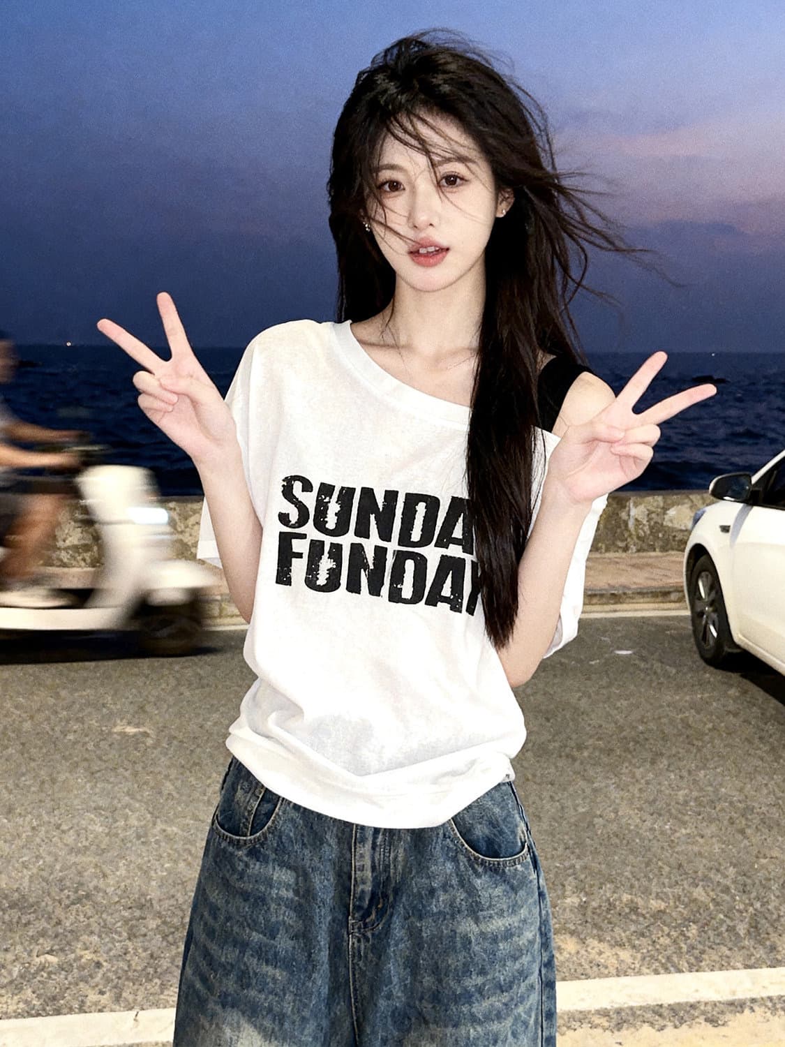 220 그램 92 면 8 암모니아 Lun 프린트 비스듬한 어깨 슬립 반팔 티셔츠 여성 이미지 2