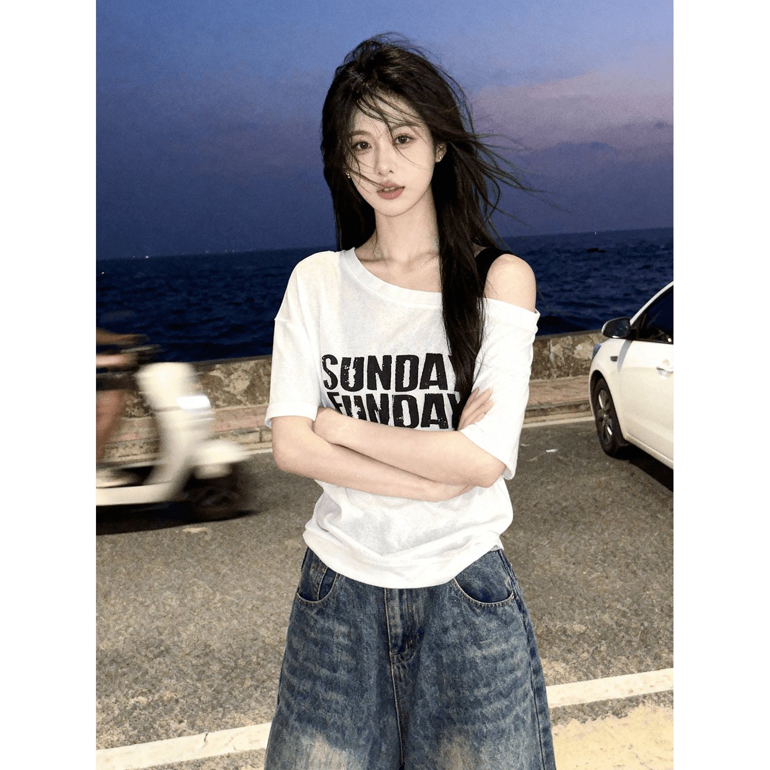 220 그램 92 면 8 암모니아 Lun 프린트 비스듬한 어깨 슬립 반팔 티셔츠 여성 이미지 5
