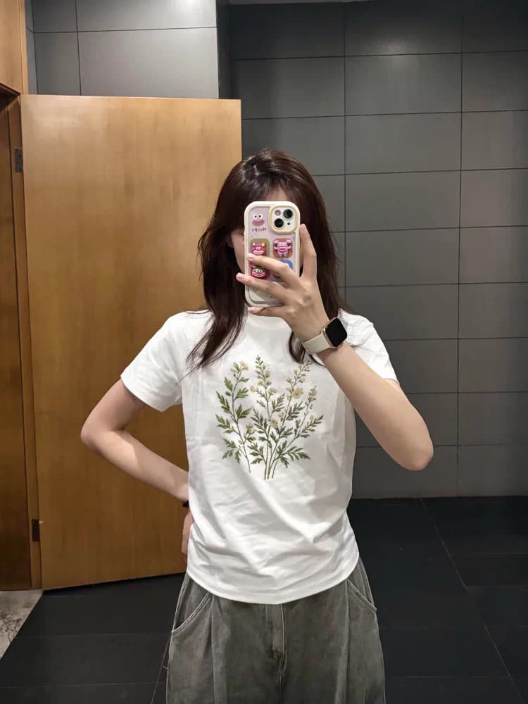 아메리칸 레트로 순면 긍정적 인 어깨 라운드 넥 프린트 반팔 티셔츠