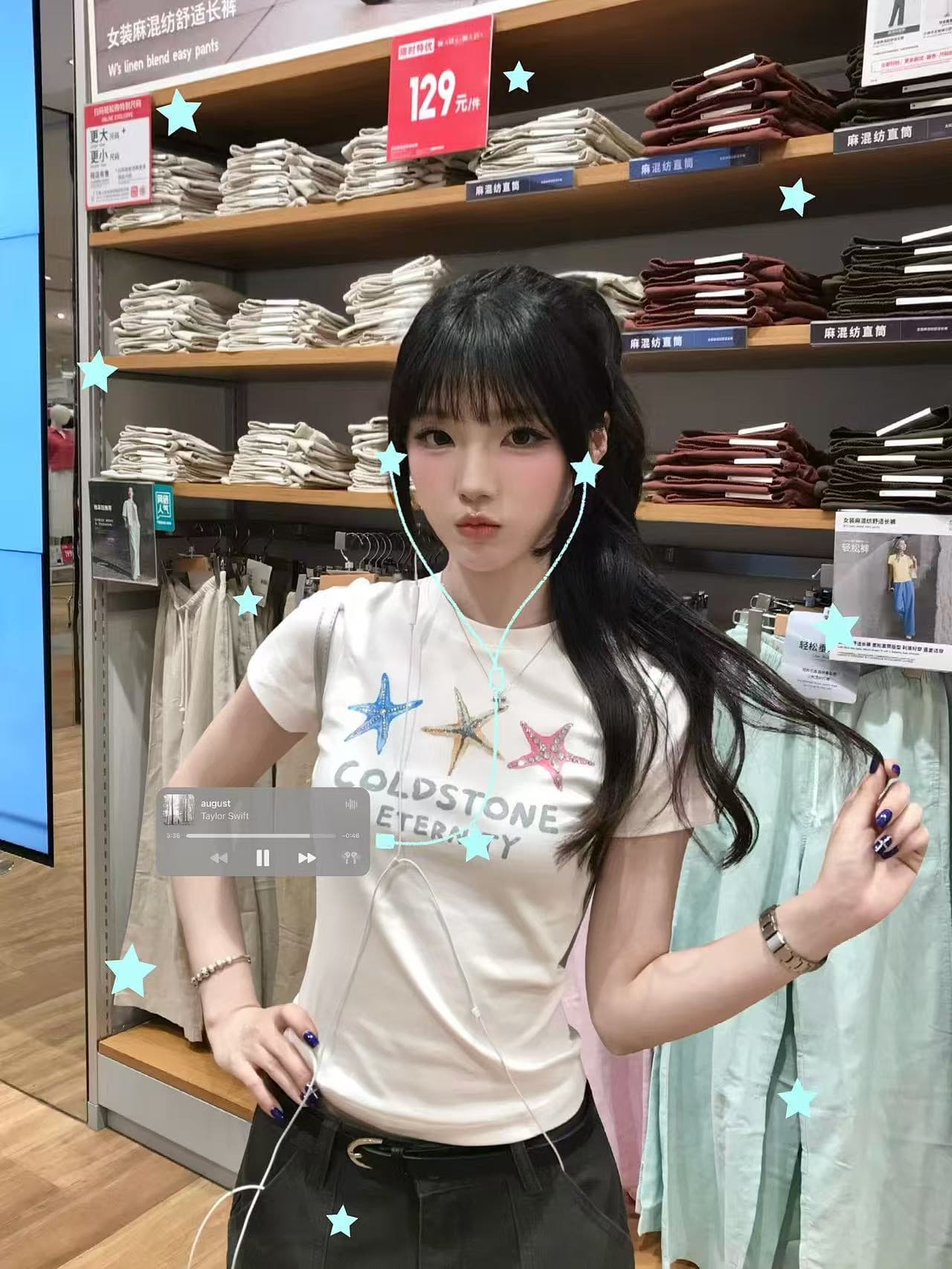 아메리칸 레트로 순면 몸매 가꾸기 긍정적 인 어깨 라운드 넥 프린트 반팔 티셔츠 이미지 3