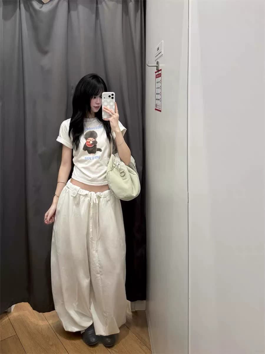 아메리칸 레트로 순면 몸매 가꾸기 긍정적 인 어깨 라운드 넥 프린트 반팔 티셔츠 상세 이미지 2