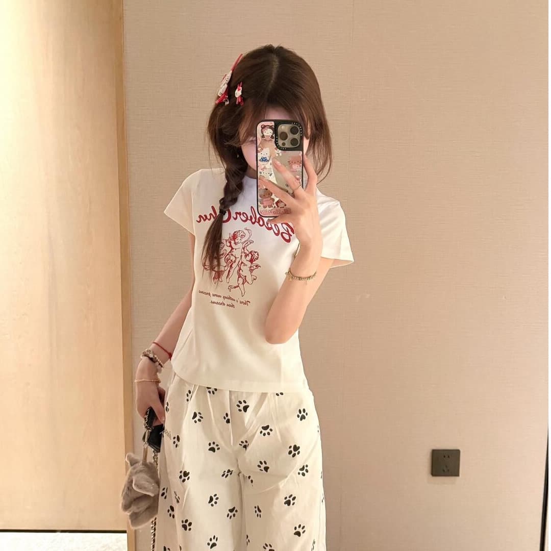 아메리칸 레트로 순면 몸매 가꾸기 긍정적 인 어깨 라운드 넥 프린트 반팔 티셔츠
