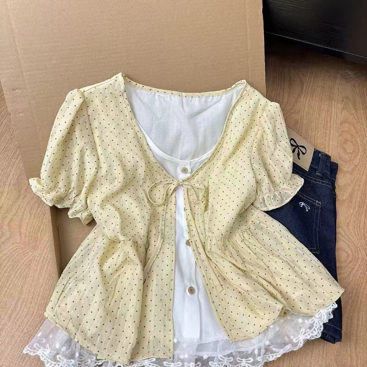페이크 레이어드 원본 것 높은 품질 쉬폰 구름 면 도트 무늬 페이크 레이어드 레이스 레이스 레이스업 맨위 상세 이미지 4