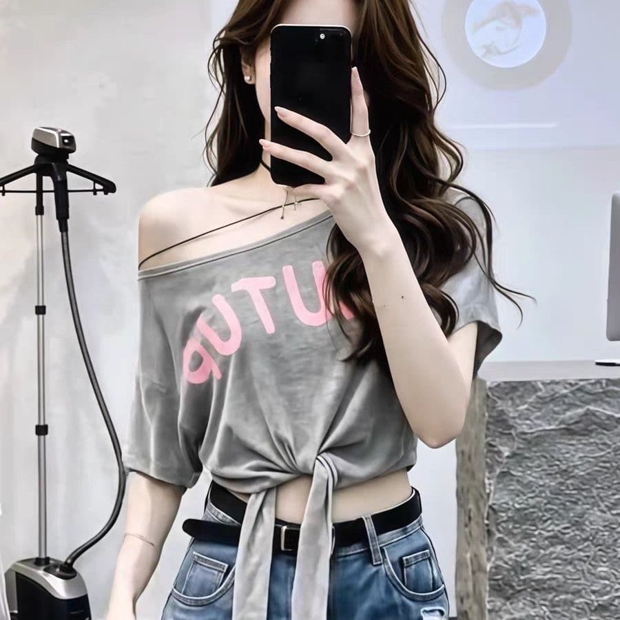 모달 사람들 면 260 그램 여름 새로운 순수한 욕망 바람 프린트 반팔 티셔츠 디자인 레이스업 비스듬한 어깨 의류 이미지 4