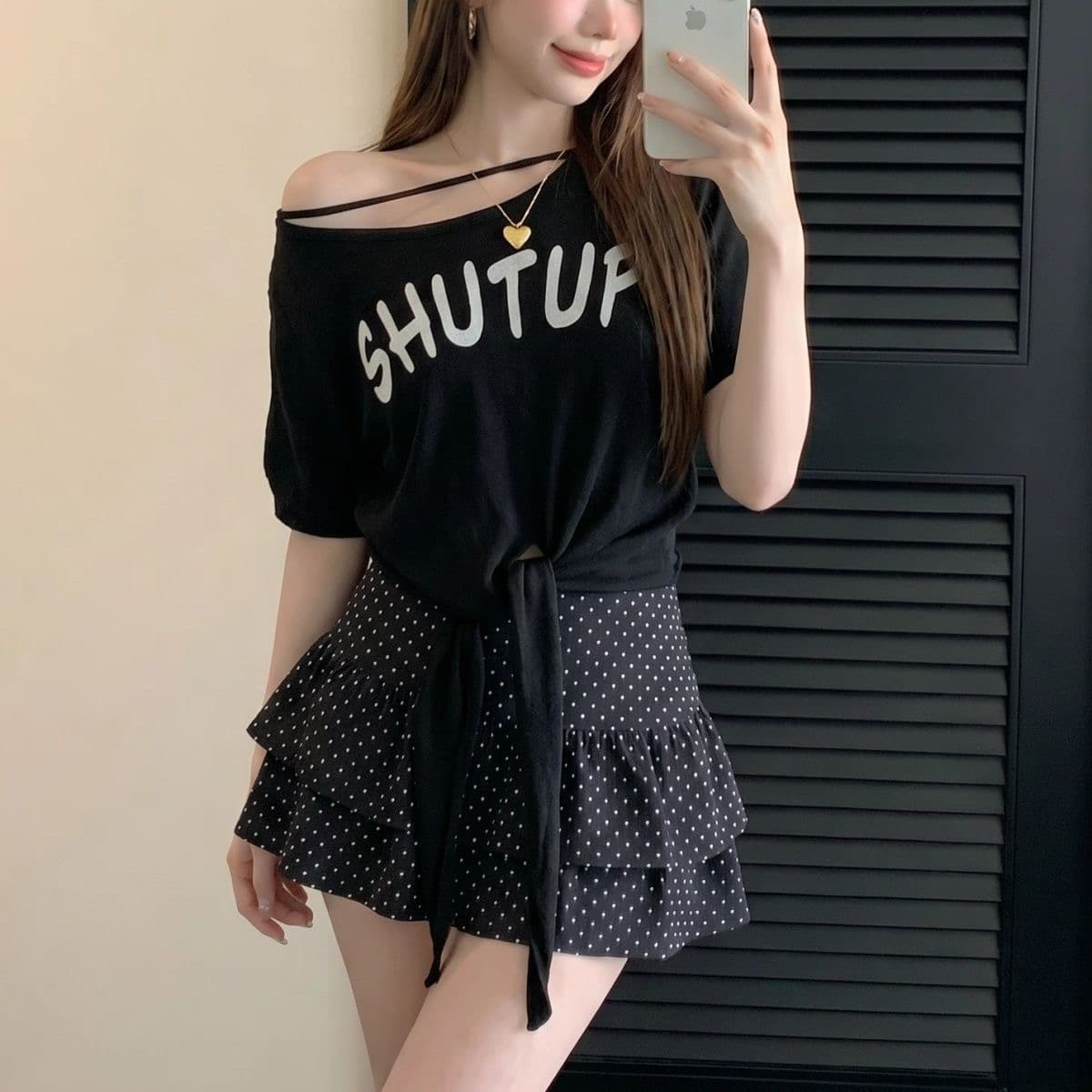 모달 사람들 면 260 그램 여름 새로운 순수한 욕망 바람 프린트 반팔 티셔츠 디자인 레이스업 비스듬한 어깨 의류 상세 이미지 1