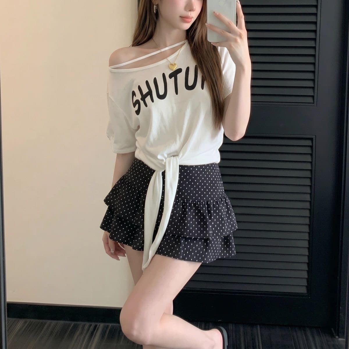 모달 사람들 면 260 그램 여름 새로운 순수한 욕망 바람 프린트 반팔 티셔츠 디자인 레이스업 비스듬한 어깨 의류 상세 이미지 2