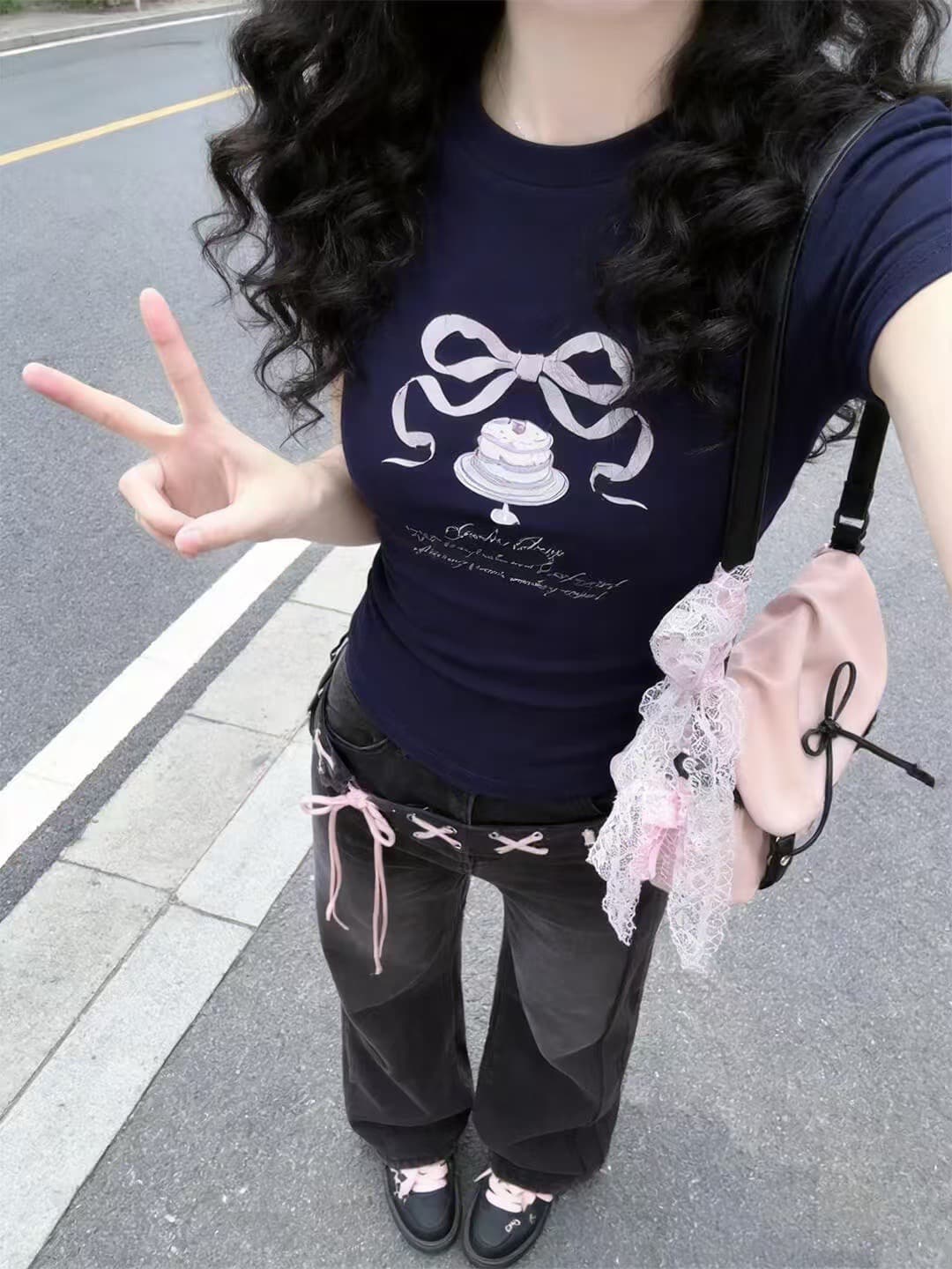 아메리칸 레트로 순면 몸매 가꾸기 긍정적 인 어깨 라운드 넥 프린트 반팔 티셔츠