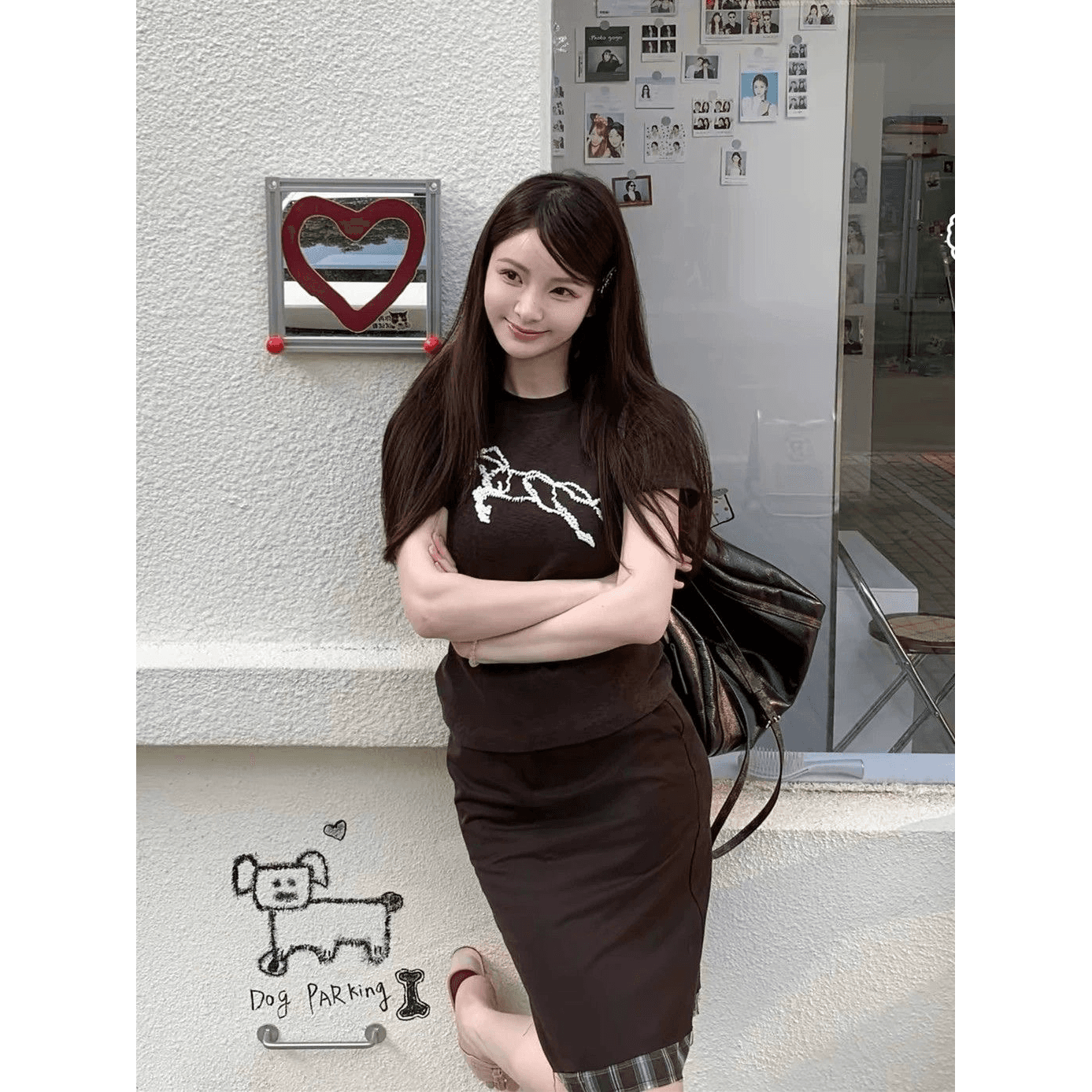 아메리칸 레트로 순면 몸매 가꾸기 긍정적 인 어깨 라운드 넥 프린트 반팔 티셔츠 이미지 5