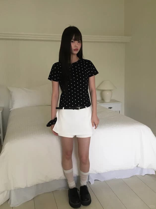 220 그램 40 1 1 순면 한 부서 새로운 패션 디자인 센스 라운드 넥 도트 무늬 반팔 티셔츠 이미지 2