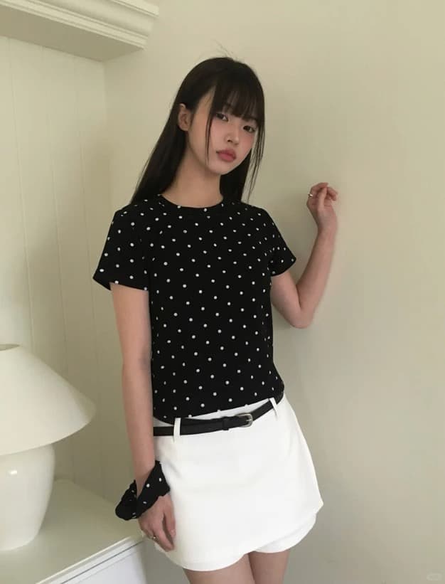 220 그램 40 1 1 순면 한 부서 새로운 패션 디자인 센스 라운드 넥 도트 무늬 반팔 티셔츠 상세 이미지 3